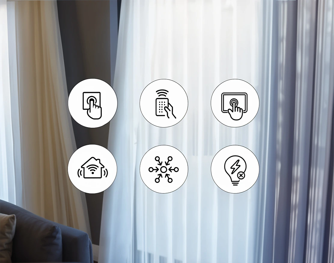 Motorised drapes with effortless control via wall switch, remote, app, voice assistant, and smart home integration